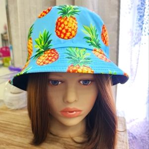 NEW FUN Sky Blue Hawaiian Revers. Bucket Hat Pineapple Print